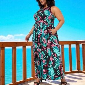 Torrid Women's Maxi Studio knit Dress SZ 1X Halter Butterfly Stretch pockets NWT